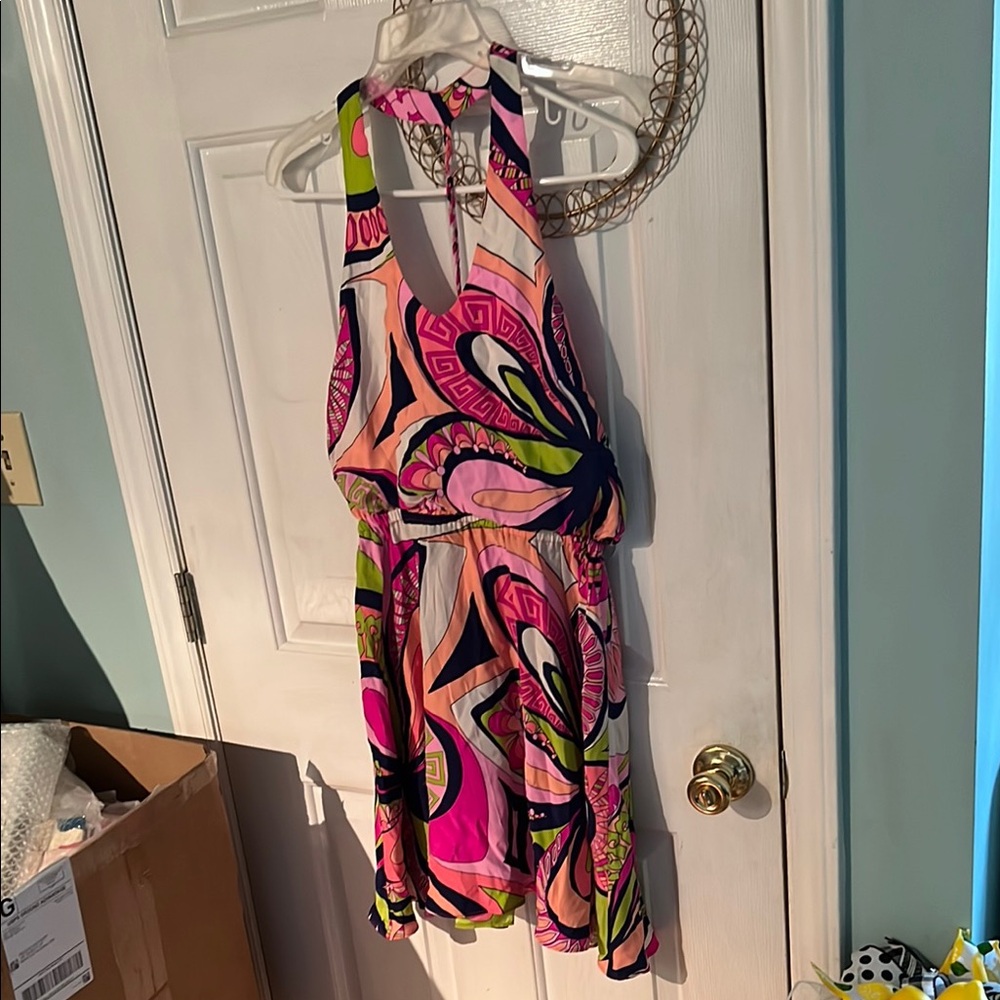 Vibrant Pink and Green Halter Dress by Alice and Trixie. Size small.